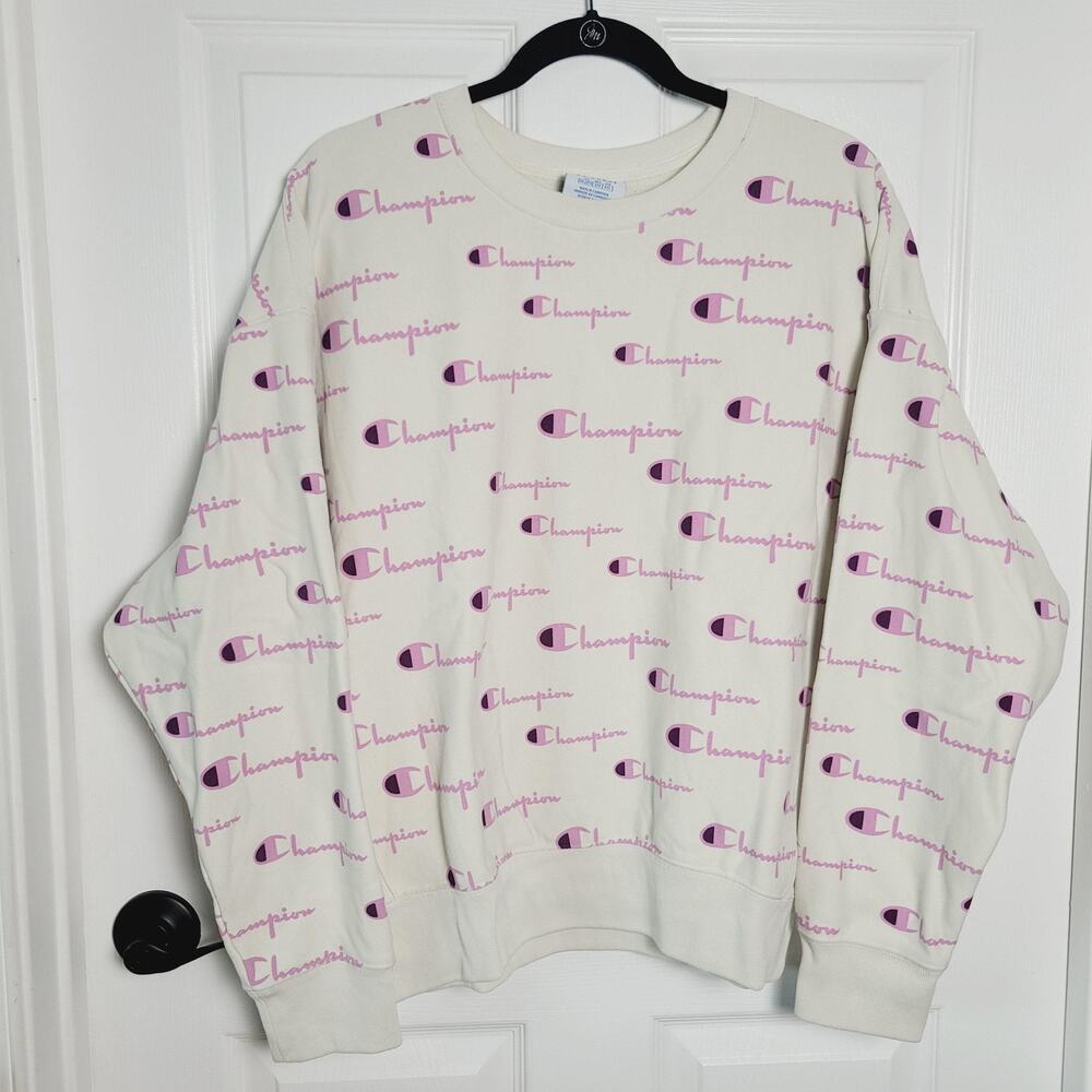 Champion Reverse Weave Sweatshirt Womens 2XL White Pink Logo All Over Print